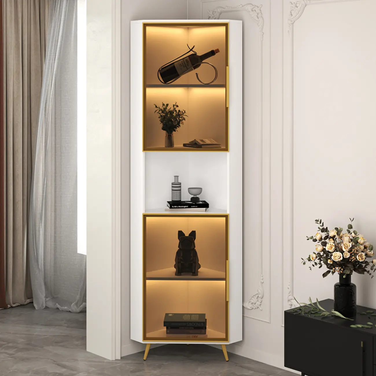 Modern Glam White-Gold Wood Glass Display Cabinet