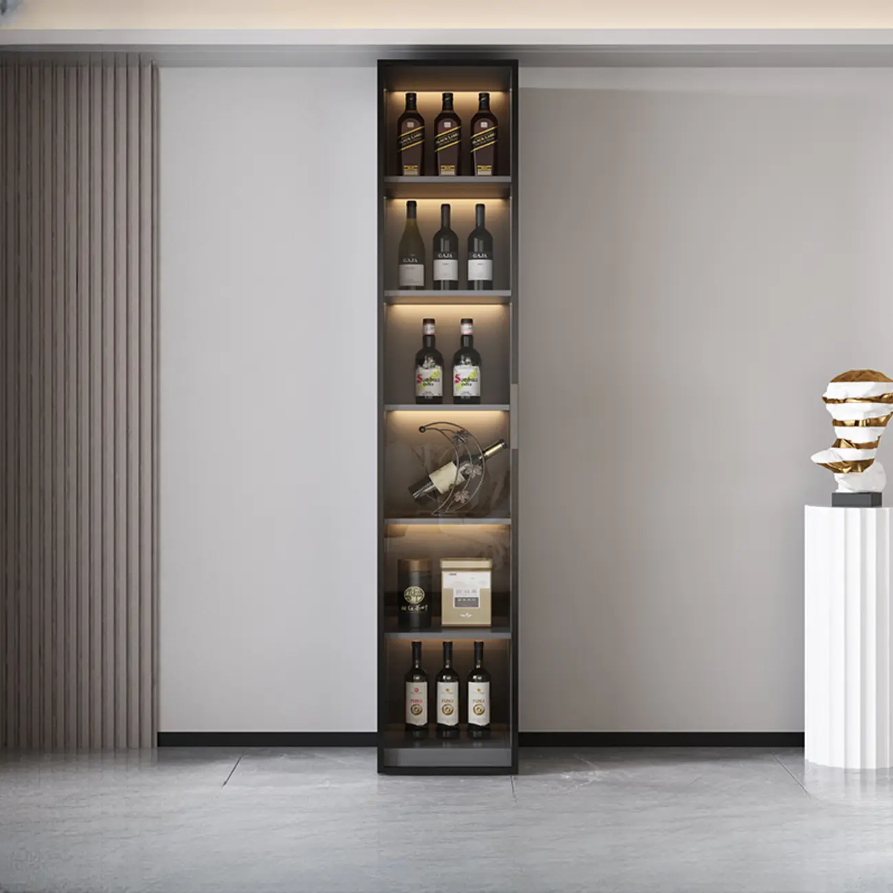 Glass Door Wooden Floor Multiple Levels Wine Cabinet with Lighting