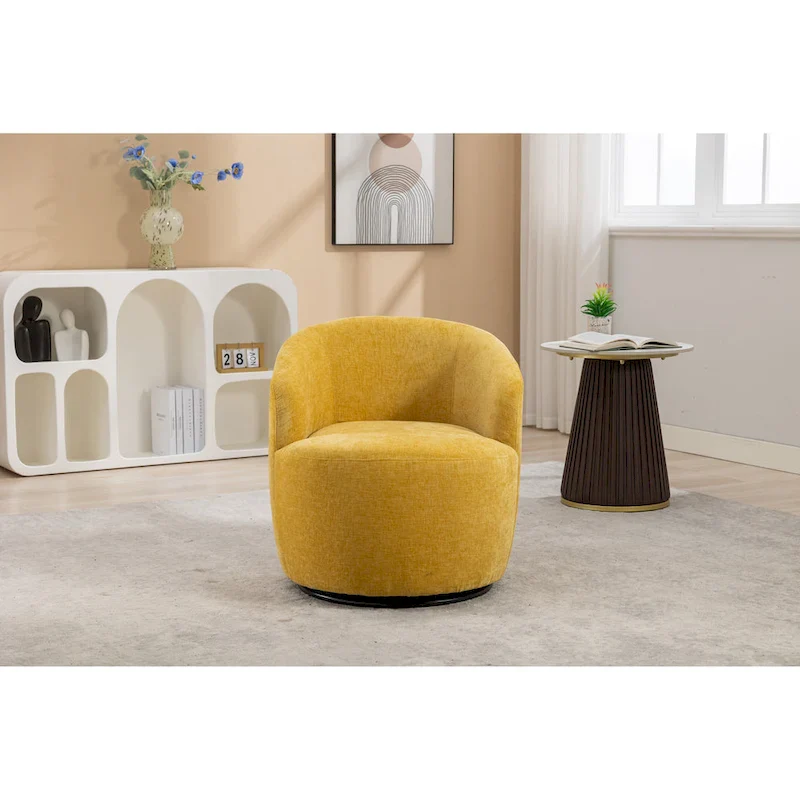 Yellow Chenille Modern 25.6 Swivel Barrel Chair with Metal Ring