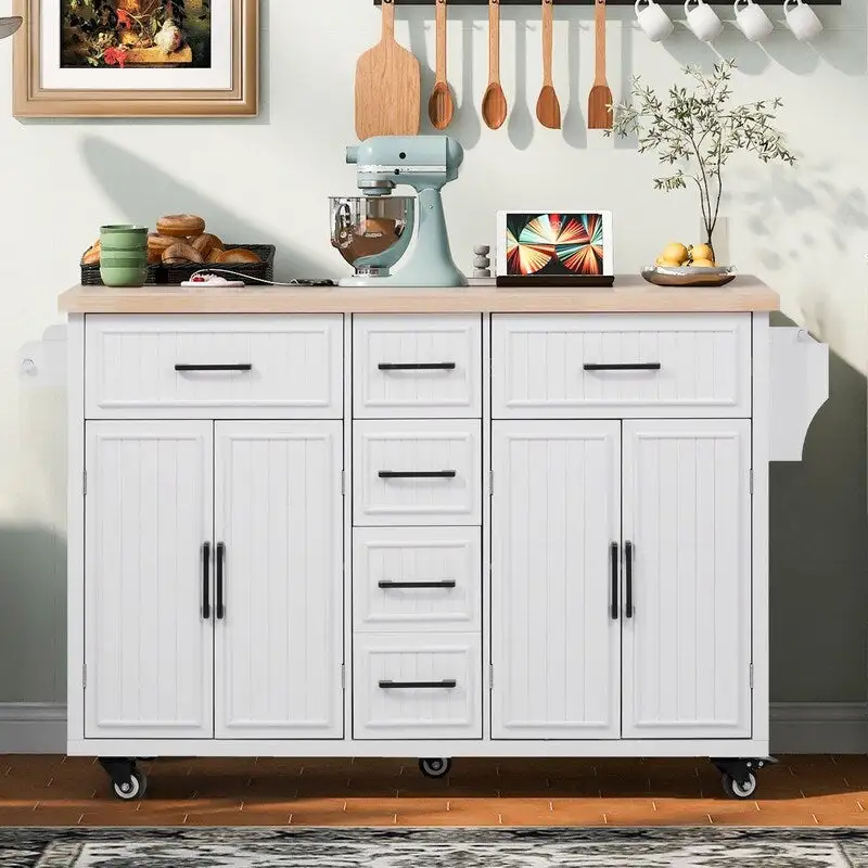 56.5 Kitchen Island with Drop Leaf and Charging Station, Rolling Kitchen Cart on Wheels with Drawers and Adjustable Shelves