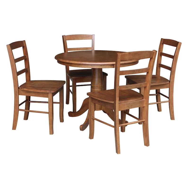 International Concepts Solid Wood 36 Round Pedestal Dining Table with 4 Madrid Ladderback Chairs