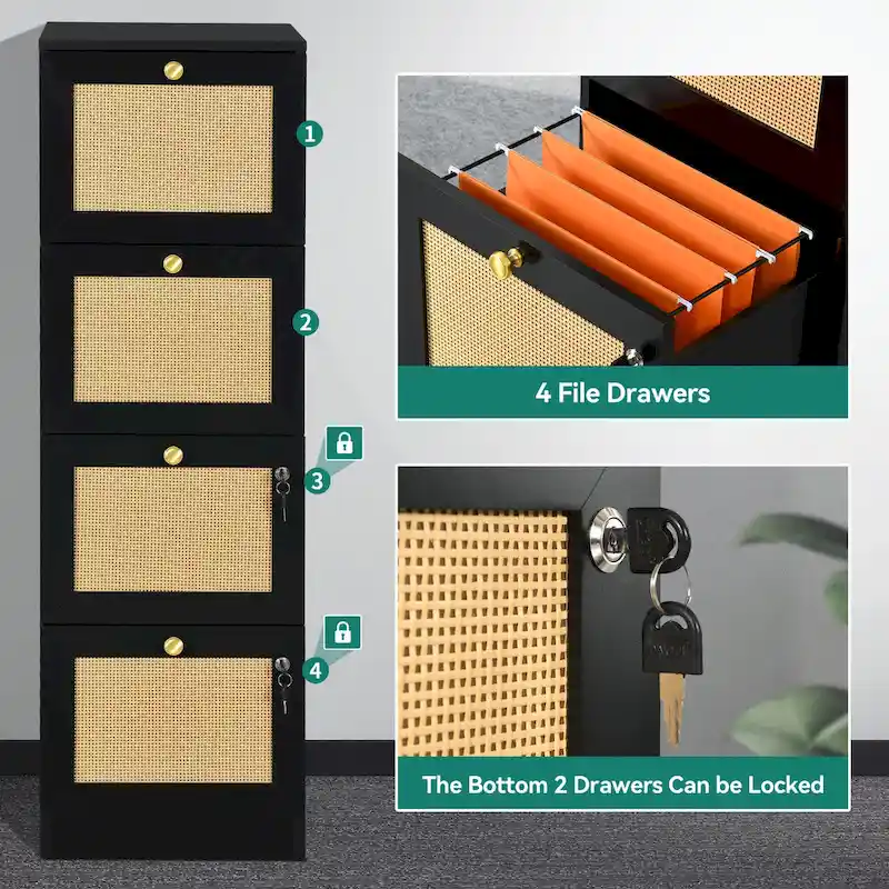 Moasis 15-inch Deep 4 Drawers Rattan Vertical File Cabinet with Lock