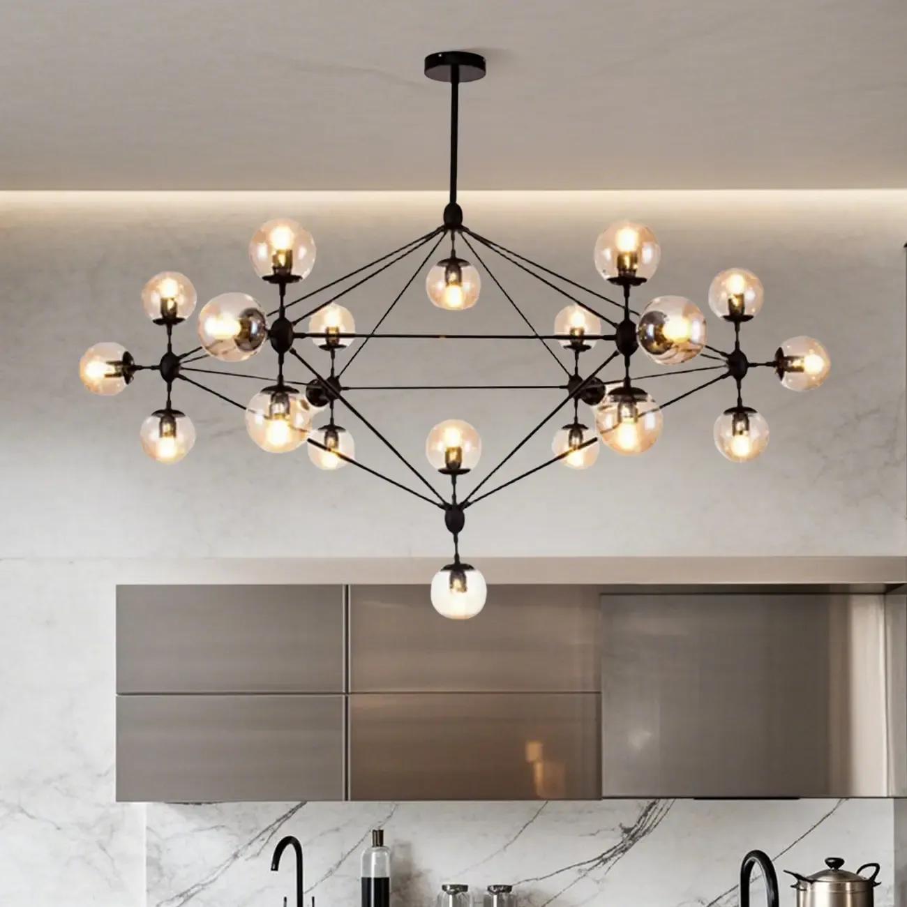 Industrial Black Globe Chandelier with Cognac Glass Shades