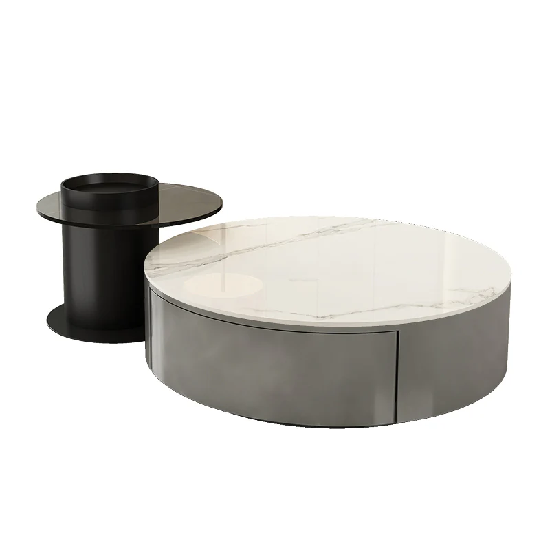 Black Modern Sleek Nesting Round Wood Drawer Coffee Table