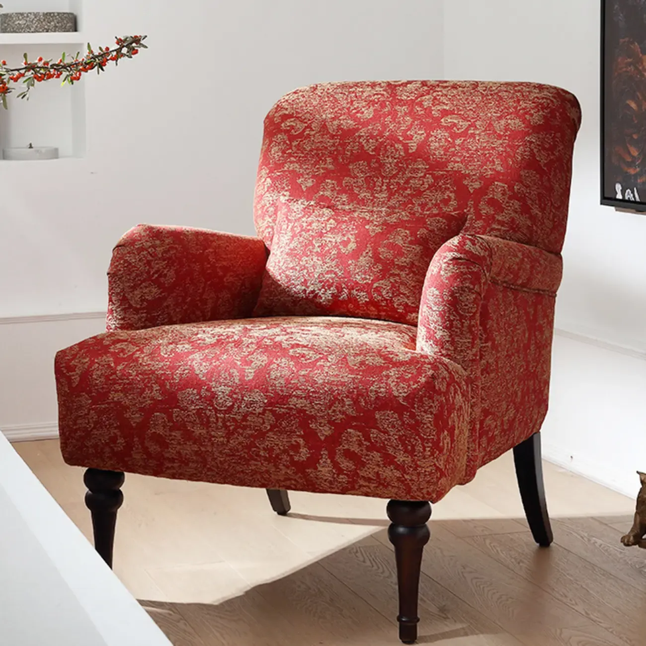 Striped Fabric Barrel Chair in Cerulean with Armrests