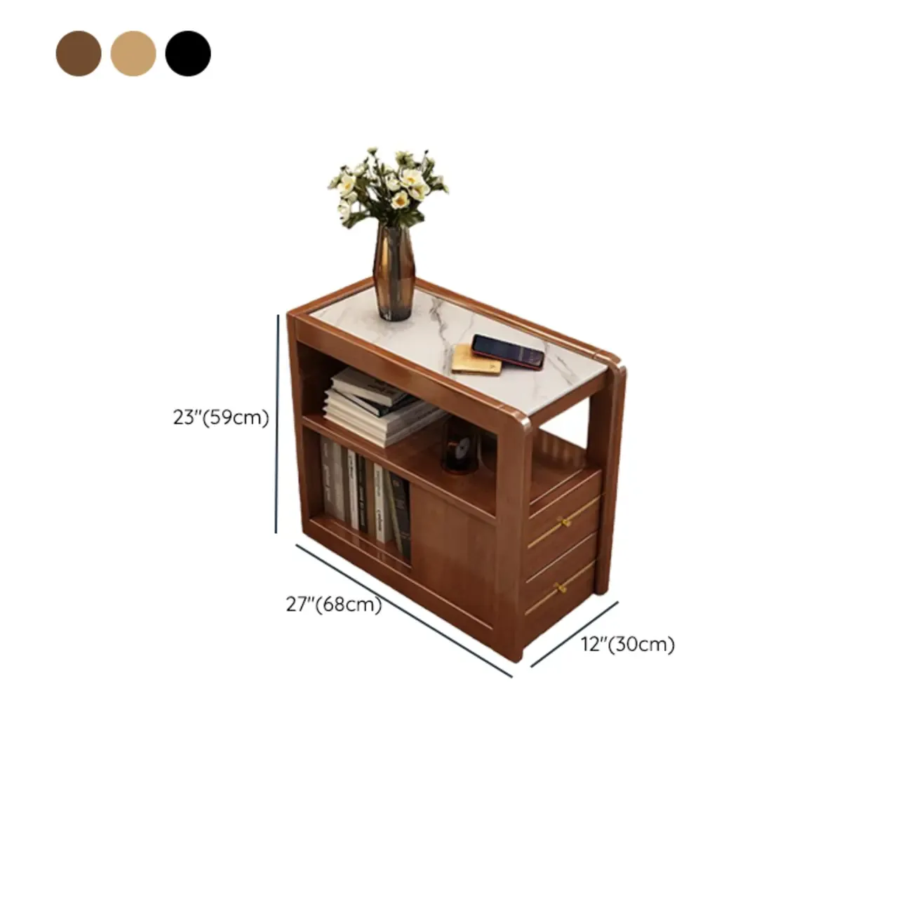 Narrow Sintered Stone Top Wheeled Side Table with Drawers