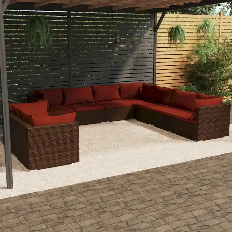 vidaXL Patio Lounge Set with Cushions Brown Poly Rattan - 27.6  x 27.6  x 24  - 27.6  x 27.6  x 24