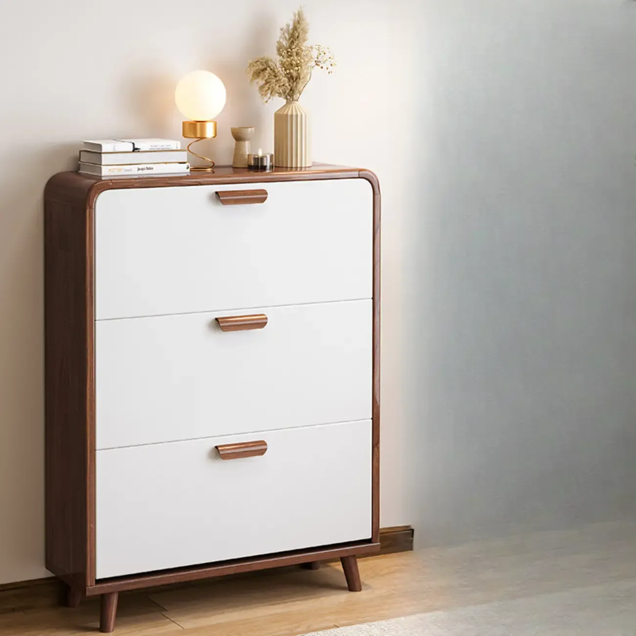 Traditional Hidden Adjustable 3 Tiers Solid Wood Shoe Cabinet