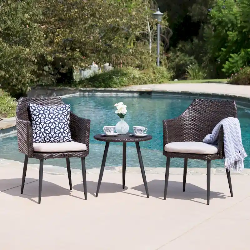 Iona Outdoor 3-Piece Round Wicker Chat Set with Cushions by Christopher Knight Home