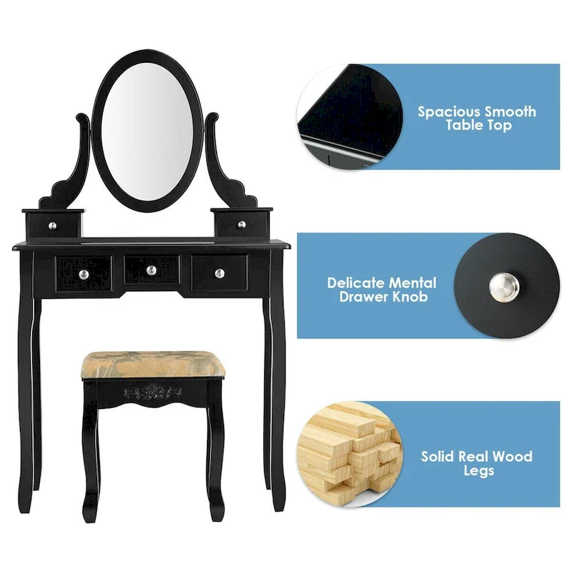 Costway Vanity Table Dressing Table 5 Make Up Table Stool