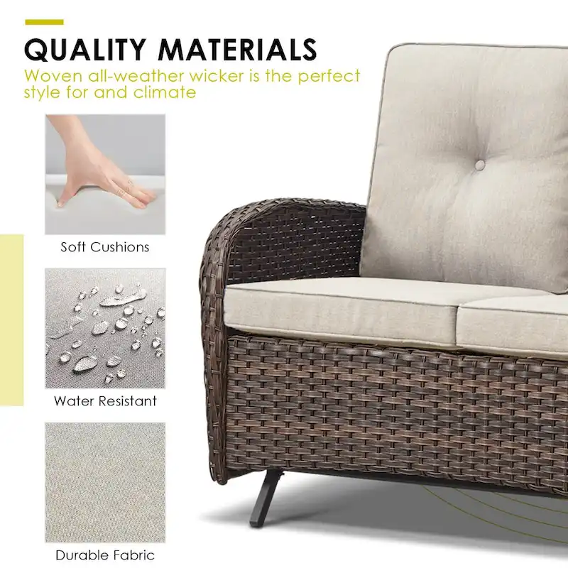 Patio Glider Rocking Chair with Sofa and Ottoman, Coffee Table - Brown