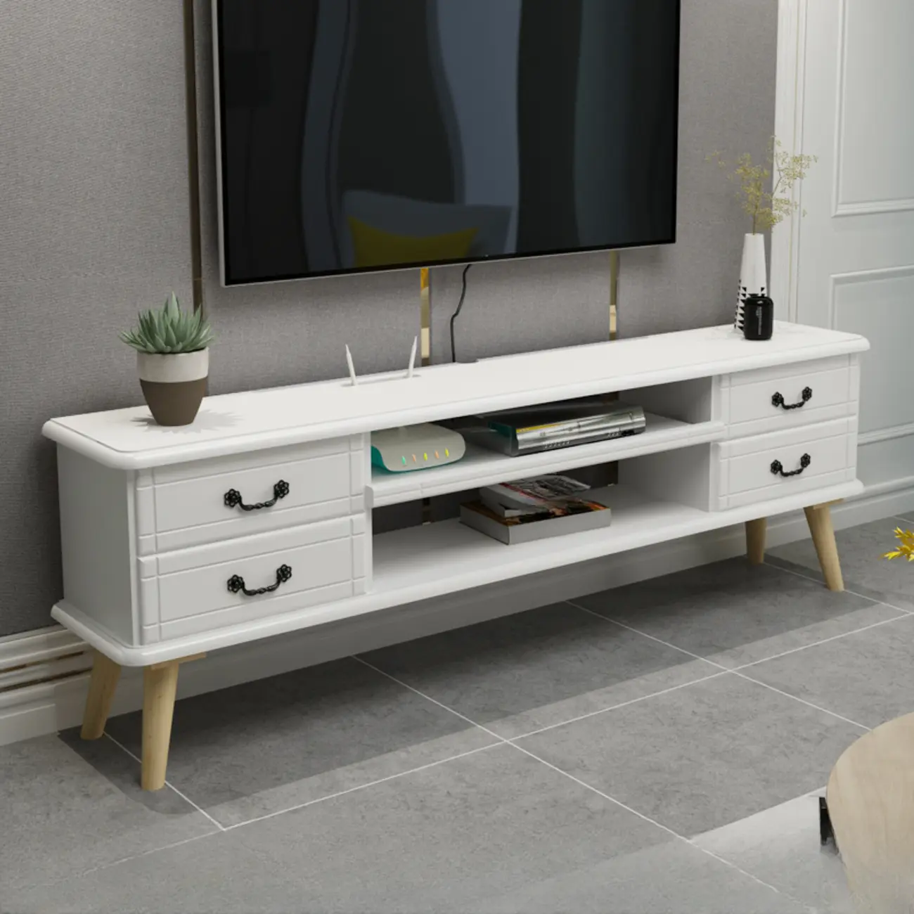 Living Room Wood Brown-White Cable Management TV Stand