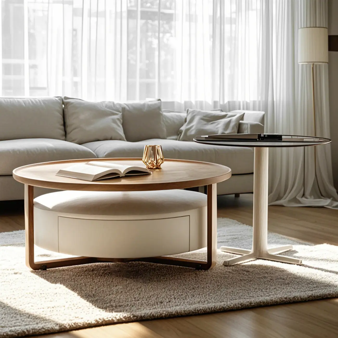 Modern Round Wooden Top Coffee Table with Drawer