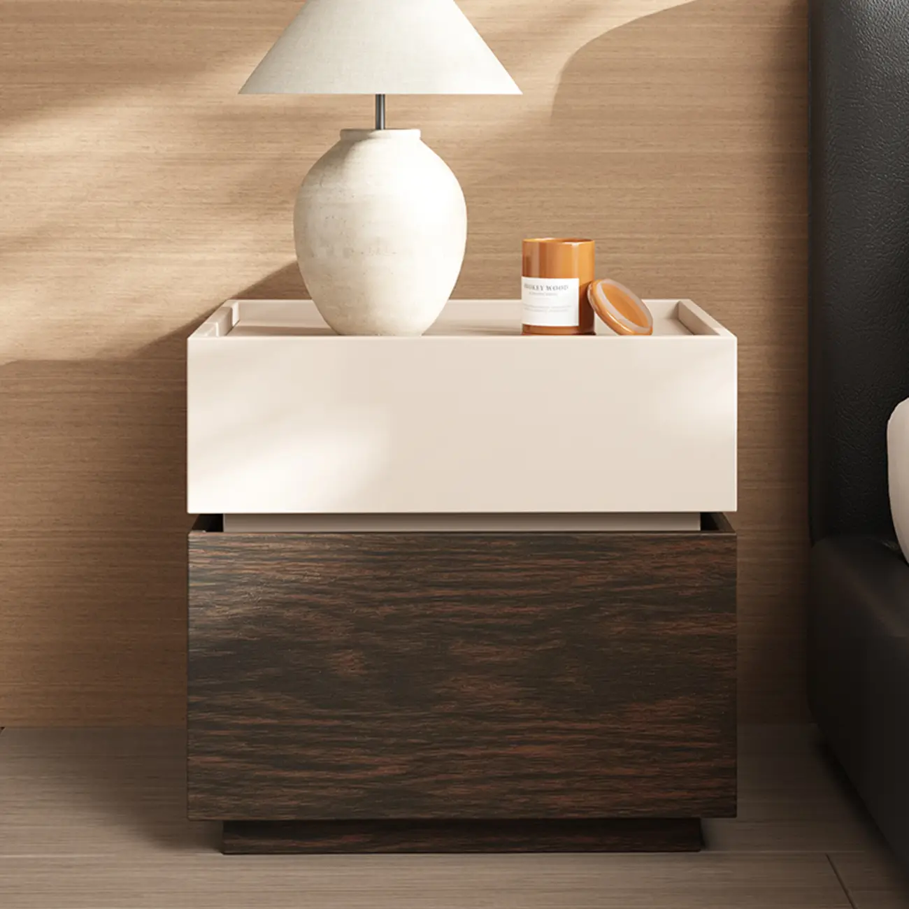 Narrow Black Wooden 2 Drawers Storage Nightstand