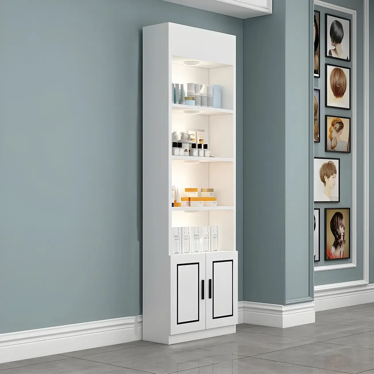White Rectangle Large Wood Open Display Cabinet