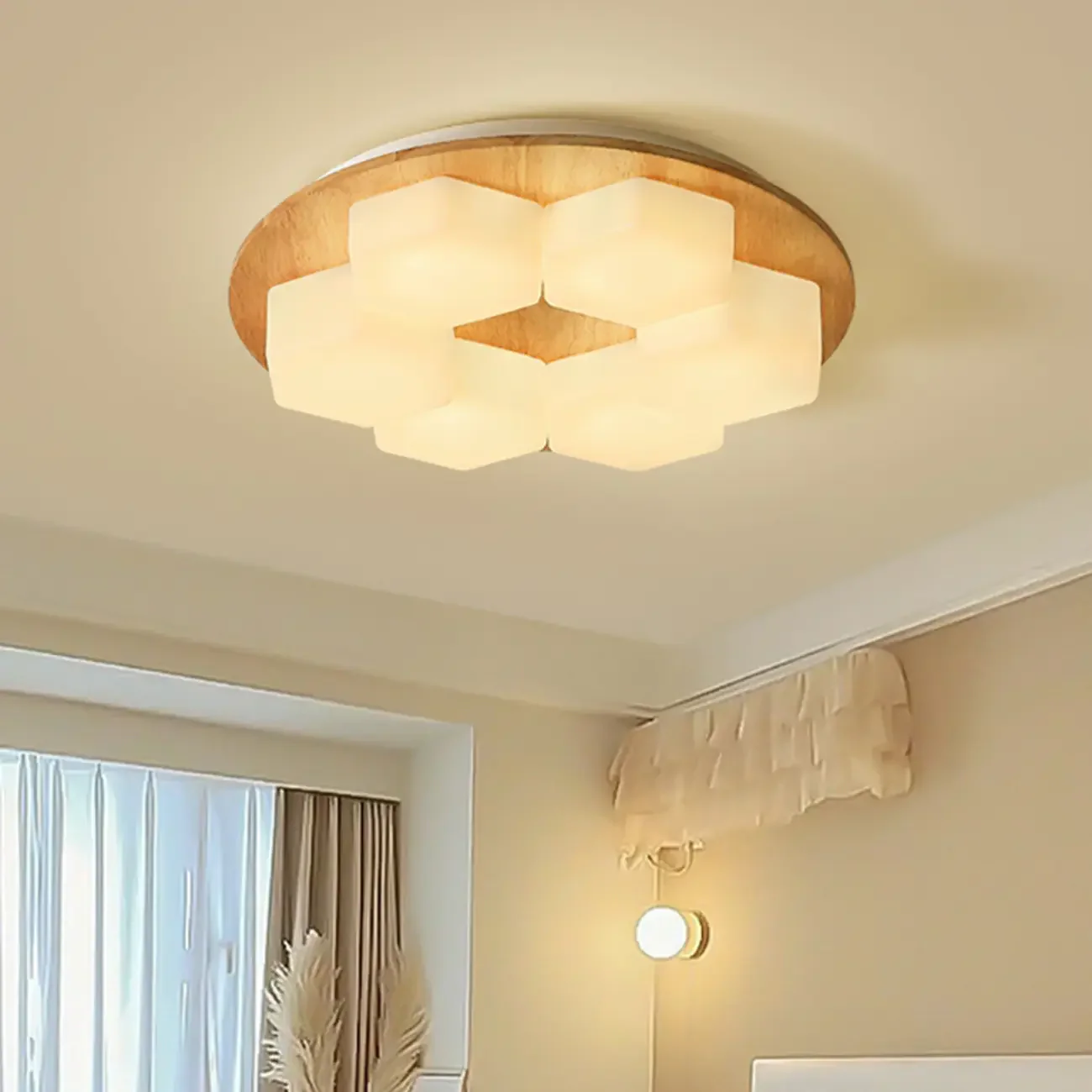 Nordic Honeycomb Natural Wooden Flush Mount Ceiling Light