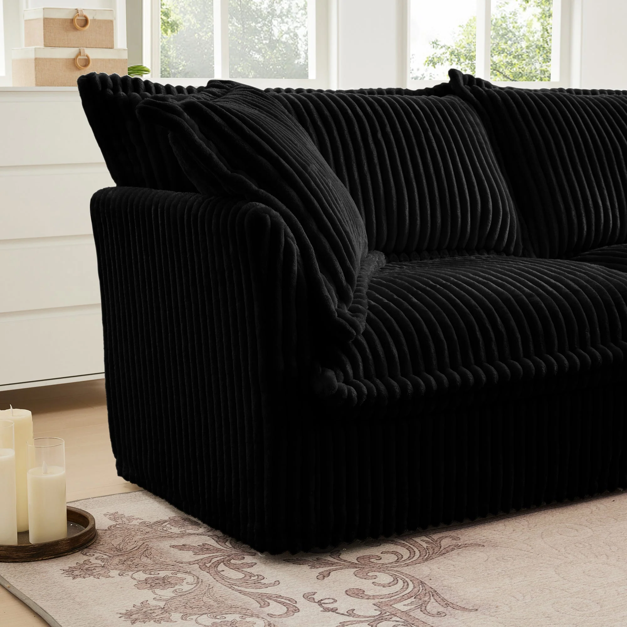 Walker Edison | Cloud Slipcovered Black Sectional Sofa with Ottoman