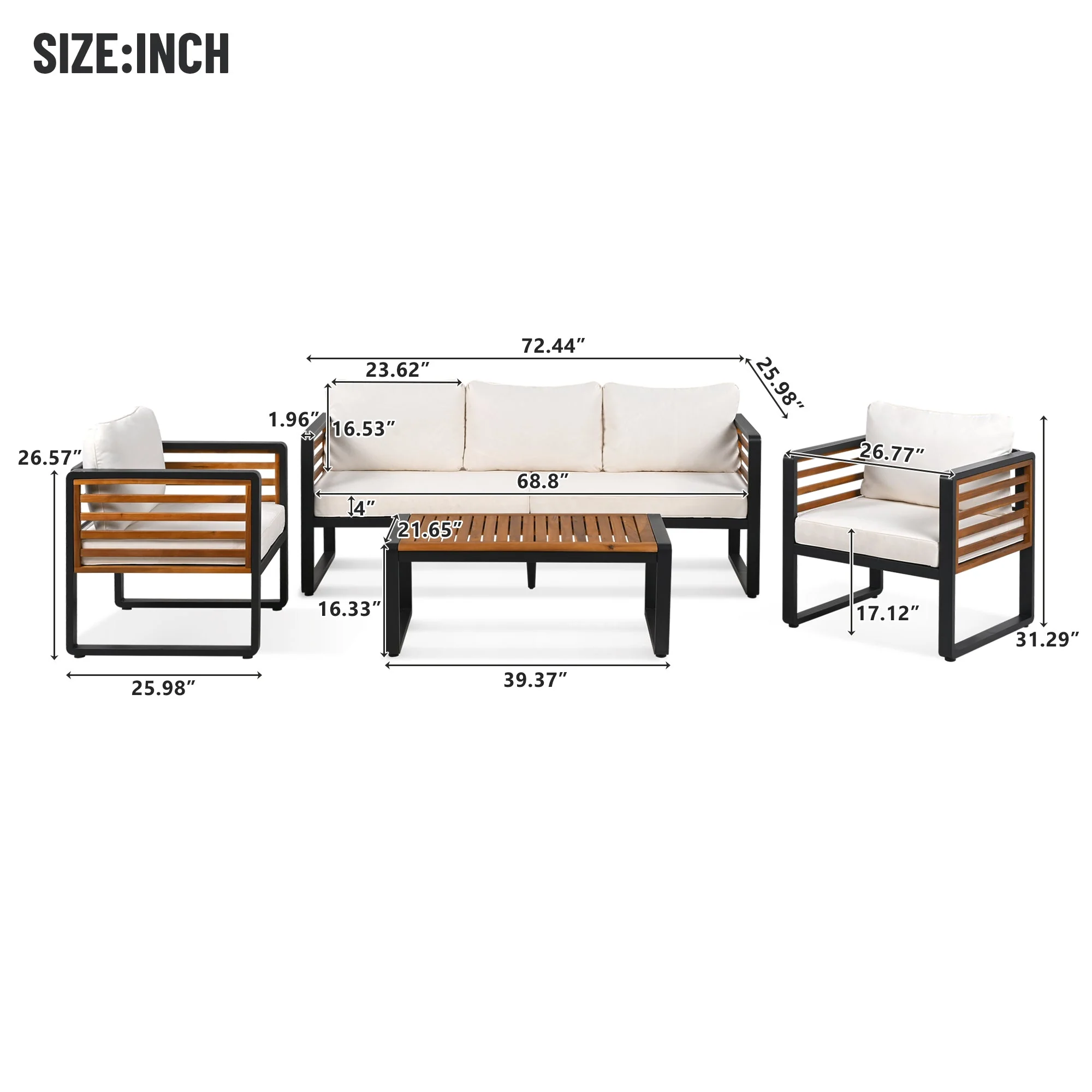 Metal and Wood Frame 4-pieces Outdoor Furniture Sofa Set