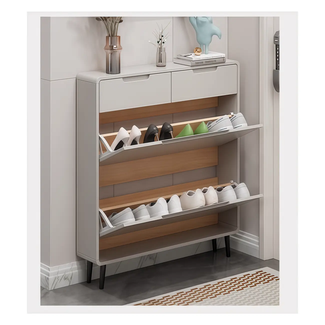 Drop-Front Beige Wood Entryway Shoe Cabinet with 2-Drawer