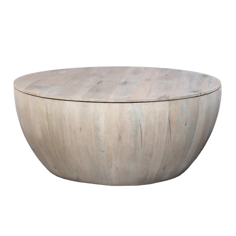 37 Inch Round Coffee Table, Handcrafted Drum Shape with Storage, Washed White Mango Wood