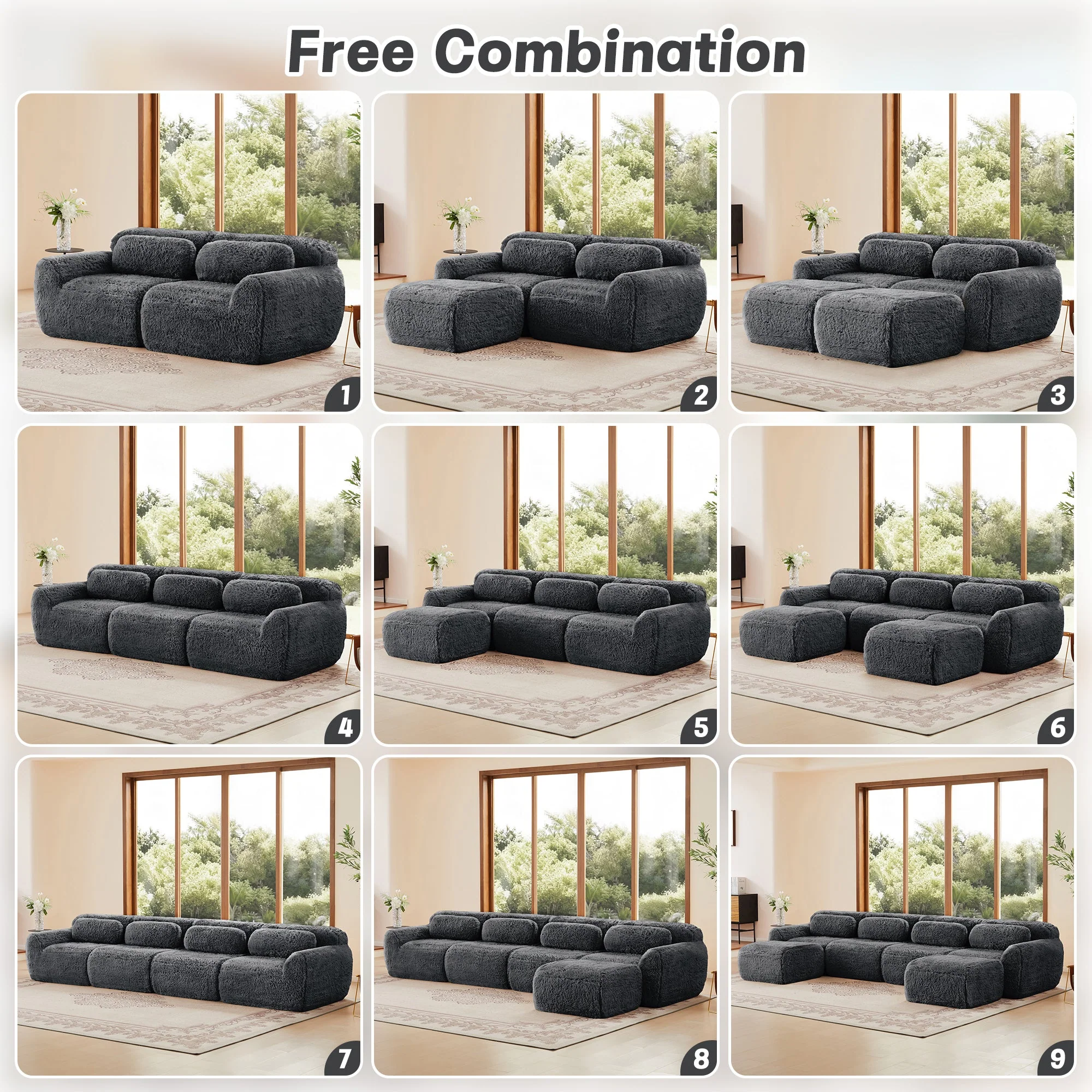 Soft And Fluffy Plush Boneless Modular Sofa with Ottoman