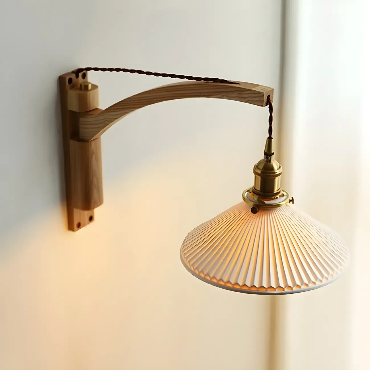 Rustic Wood Brass White Adjustable Swing Arm Wall Light