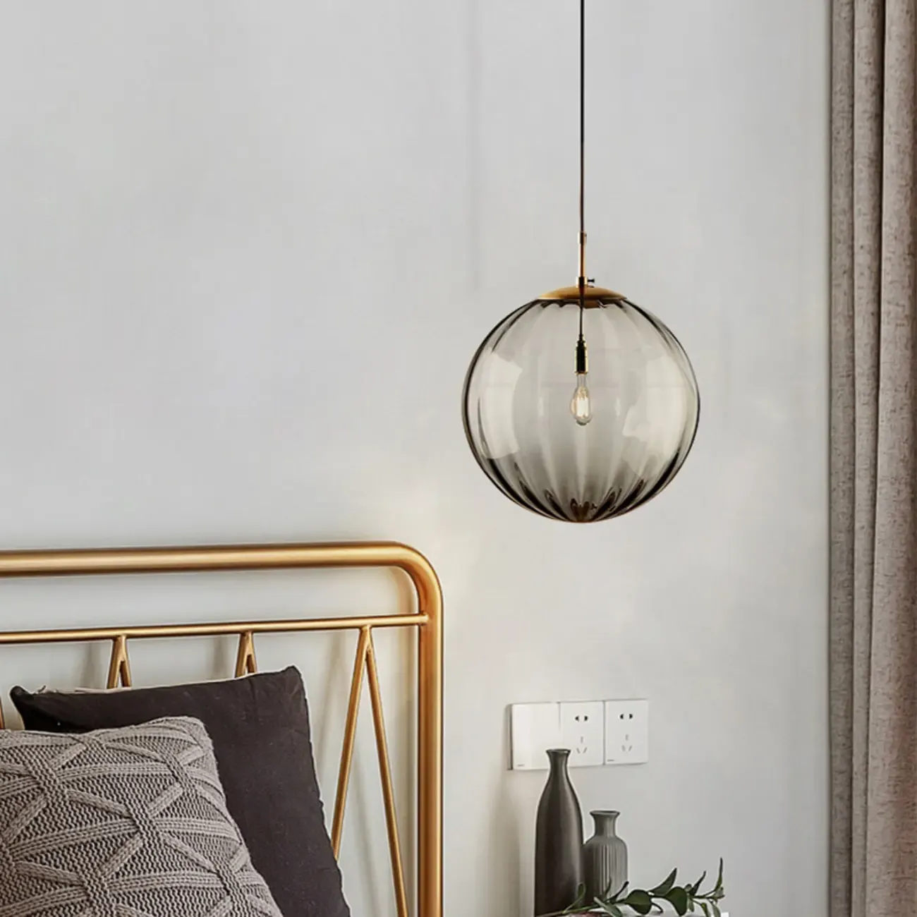 Modern Smoky Glass LED Globe Pendant Light Design for Bedroom