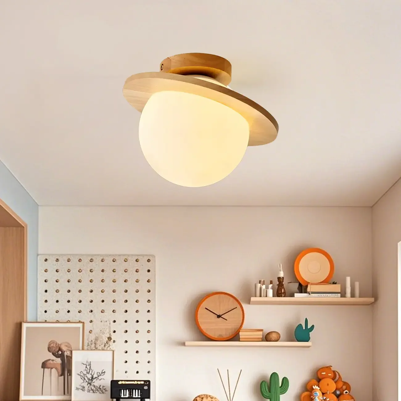 Circular Glass Ball Natural Wood Semi Flush Ceiling Light