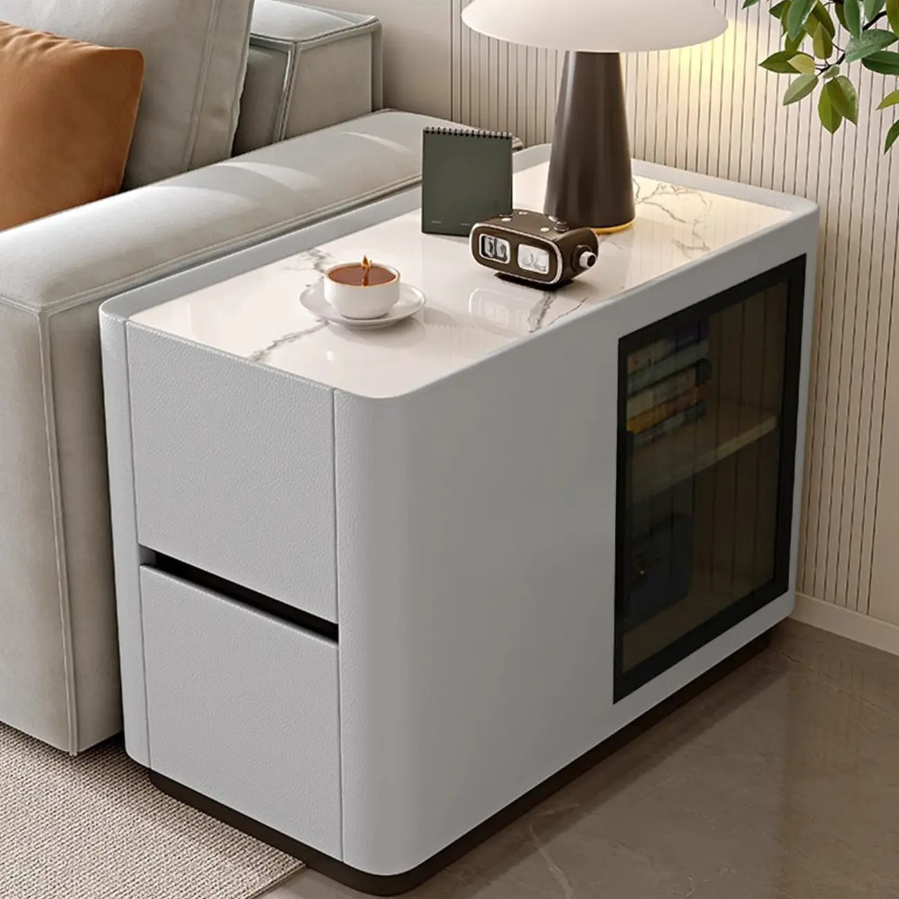 Elegant Rectangular End Table Marble Top and Leather Body