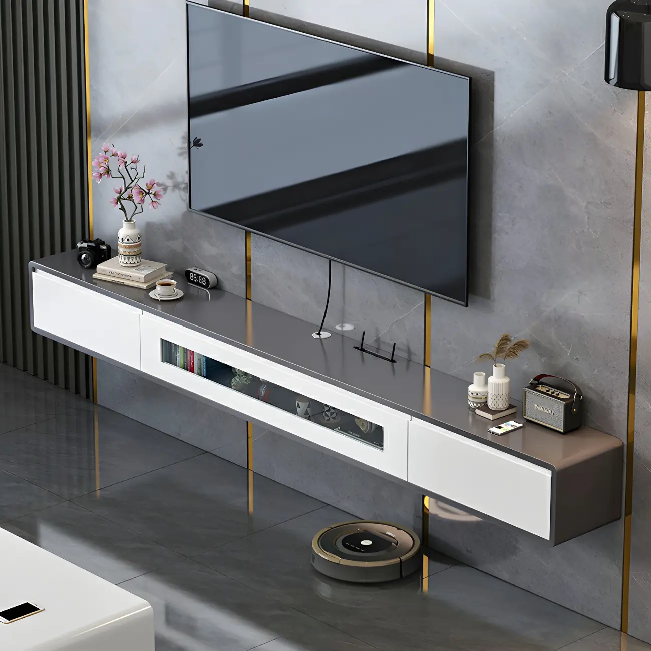 63 Natural Rubberwood Floating TV Stand with Hidden Storage