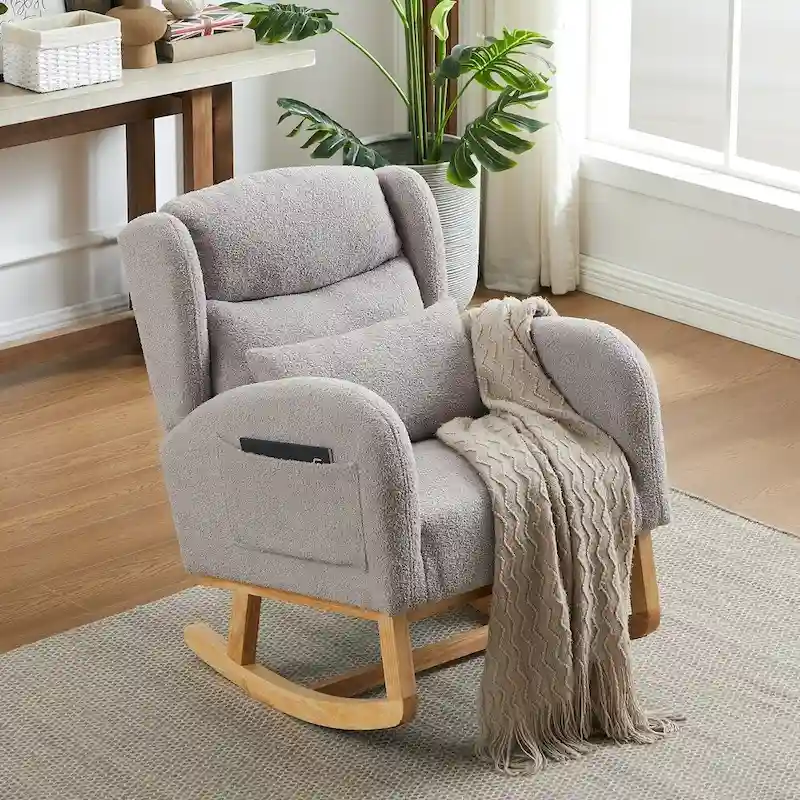 Modern Accent High Backrest Living Room Lounge Arm Rocking Chair, Two Side Pocket