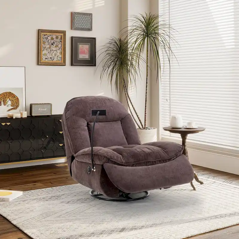 Bronzing fabric swivel recliner with mobile phone bracket