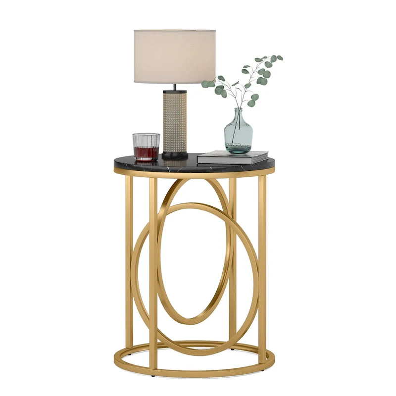 20 in. Marble White Round Wood End Table with Gold O-shaped Base