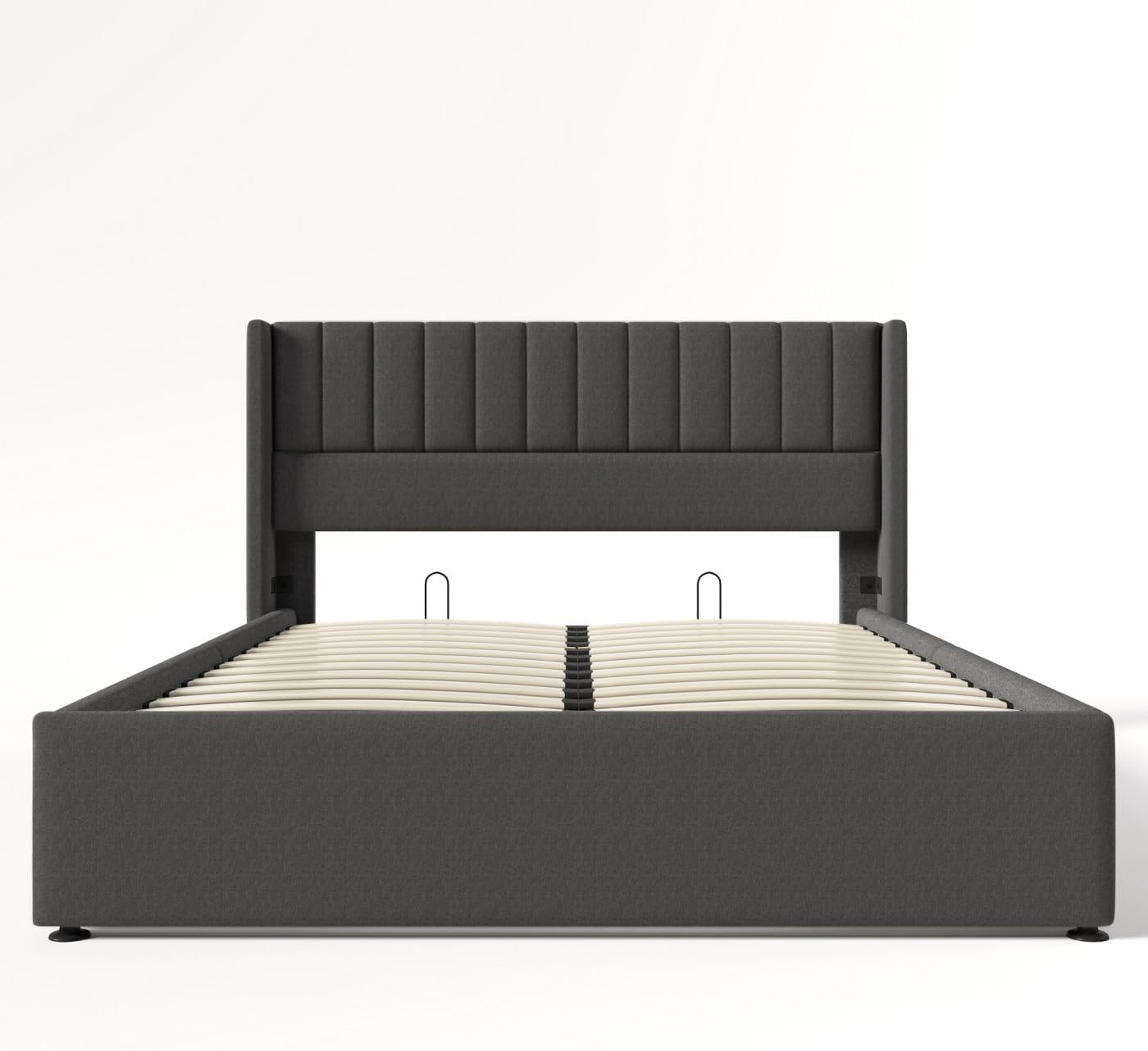 A modern upholstered bed with a vertical stripe linen fabric headboard.