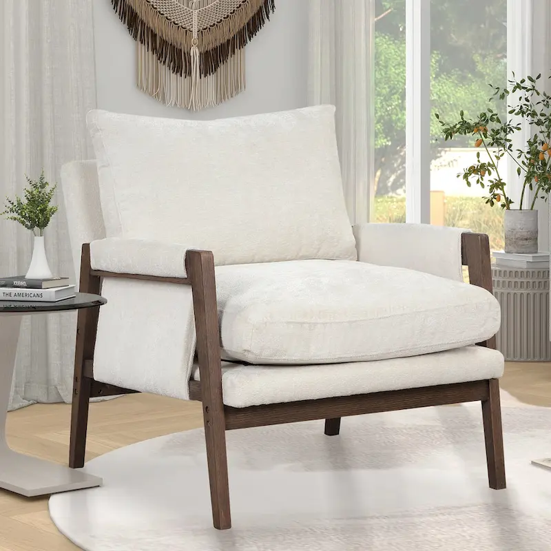 White 35.4 Velvet Arm Chair with Rubber Wood Frame