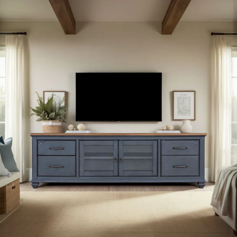 Bridgevine Home Americana 84 in TV Stand for TVs up to 90 inches, No Assembly Required, Corduroy Blue Finish