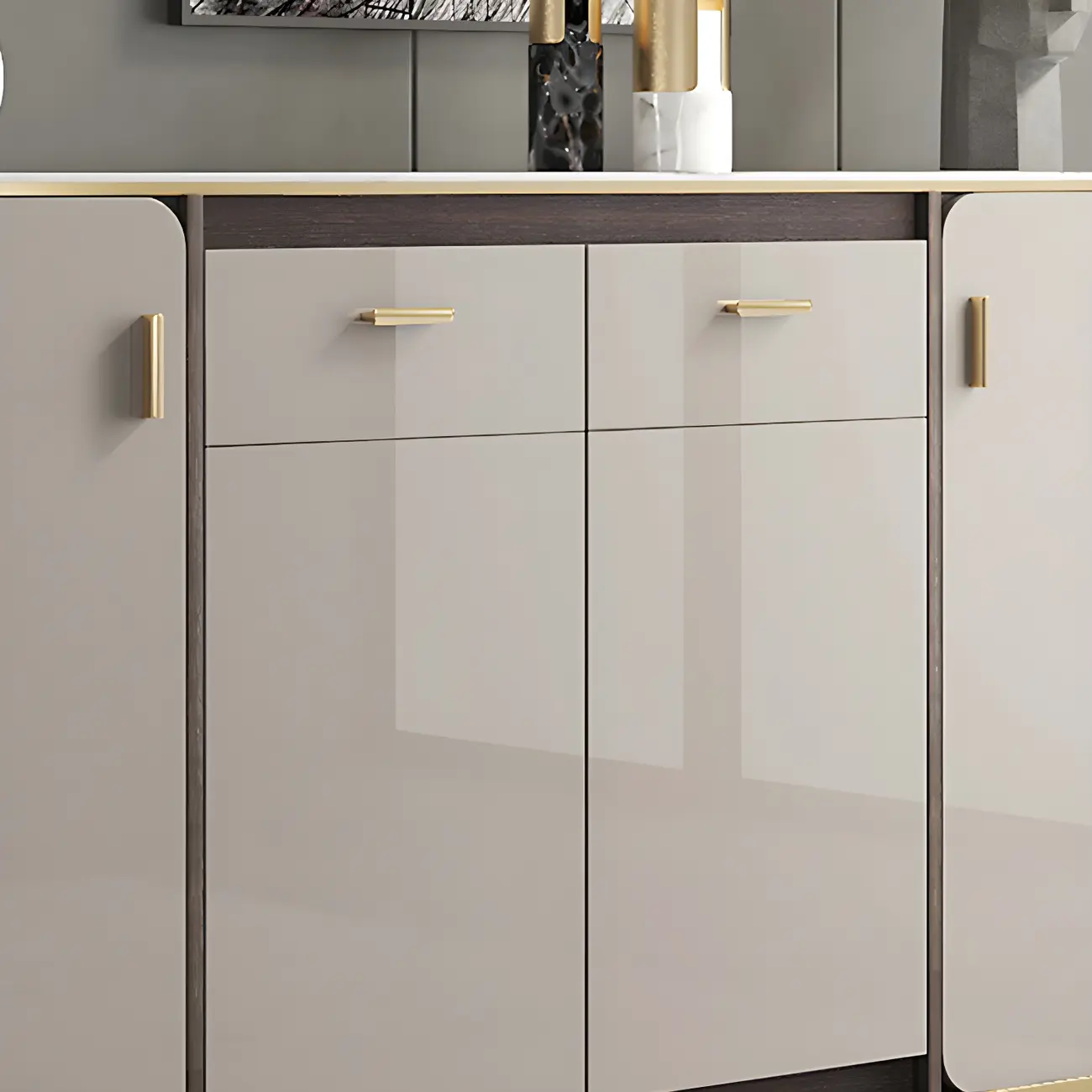 Glam Off-White Stone Top Sideboard with Cabinets