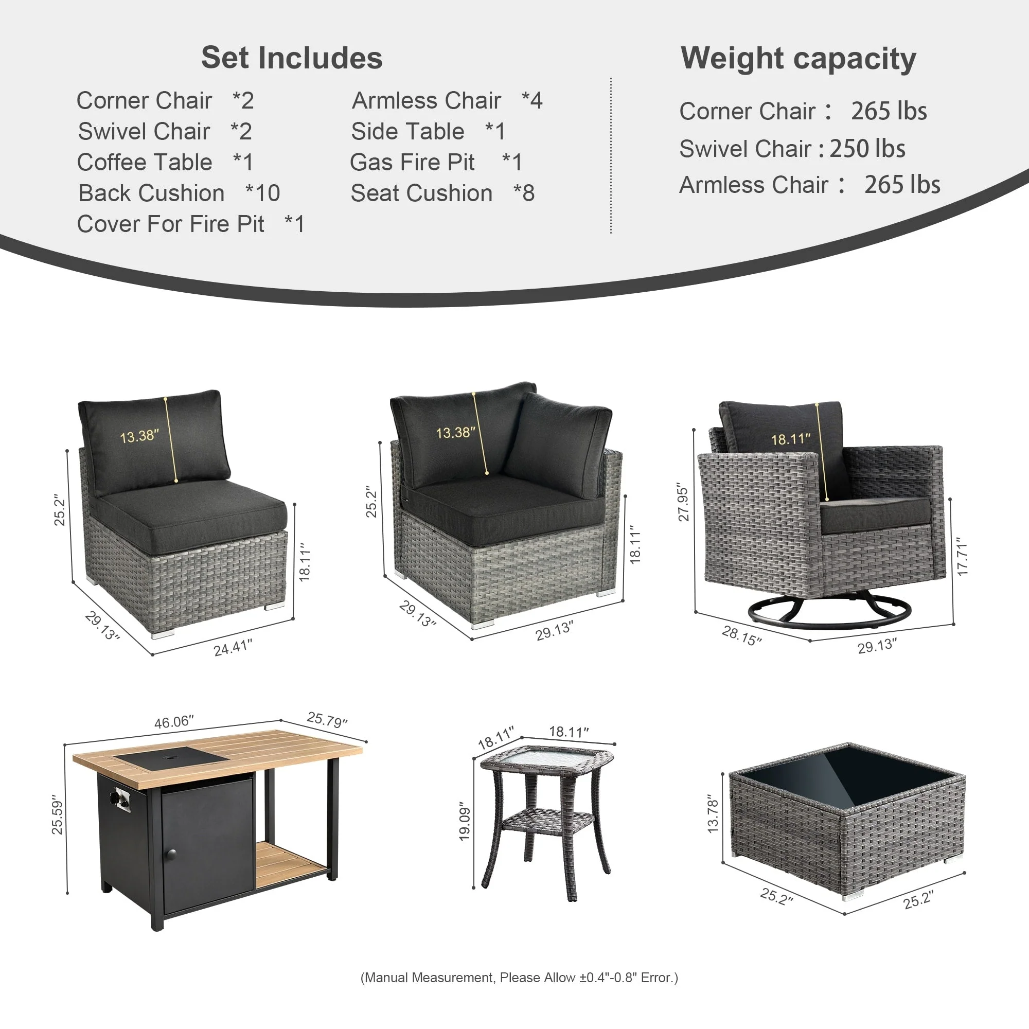 OVIOS Deep Seat Wicker 11-piece Sectional Set Swivel Chairs Fire Pit
