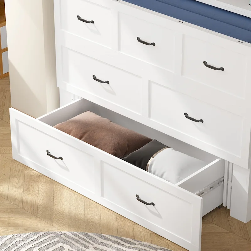 Modern Wood Full Murphy Bed Chest in White Finish Dresser 2-1 Cabinet