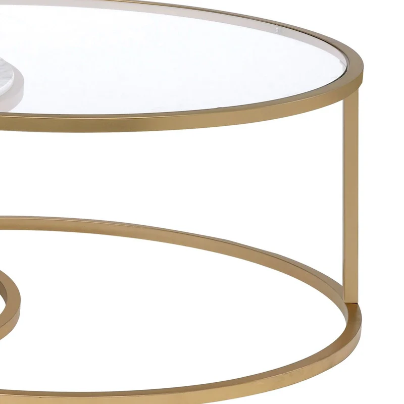 Metal Framed Nesting Coffee Tables with Glass and Marble Tops, Set of Two, Gold - 15.75 H x 36 W x 36 L Inches