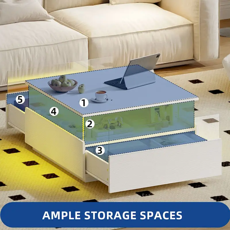 Moasis Modern Square Coffee Table with Drawers & LED Light, Acrylic and Wood Center Table