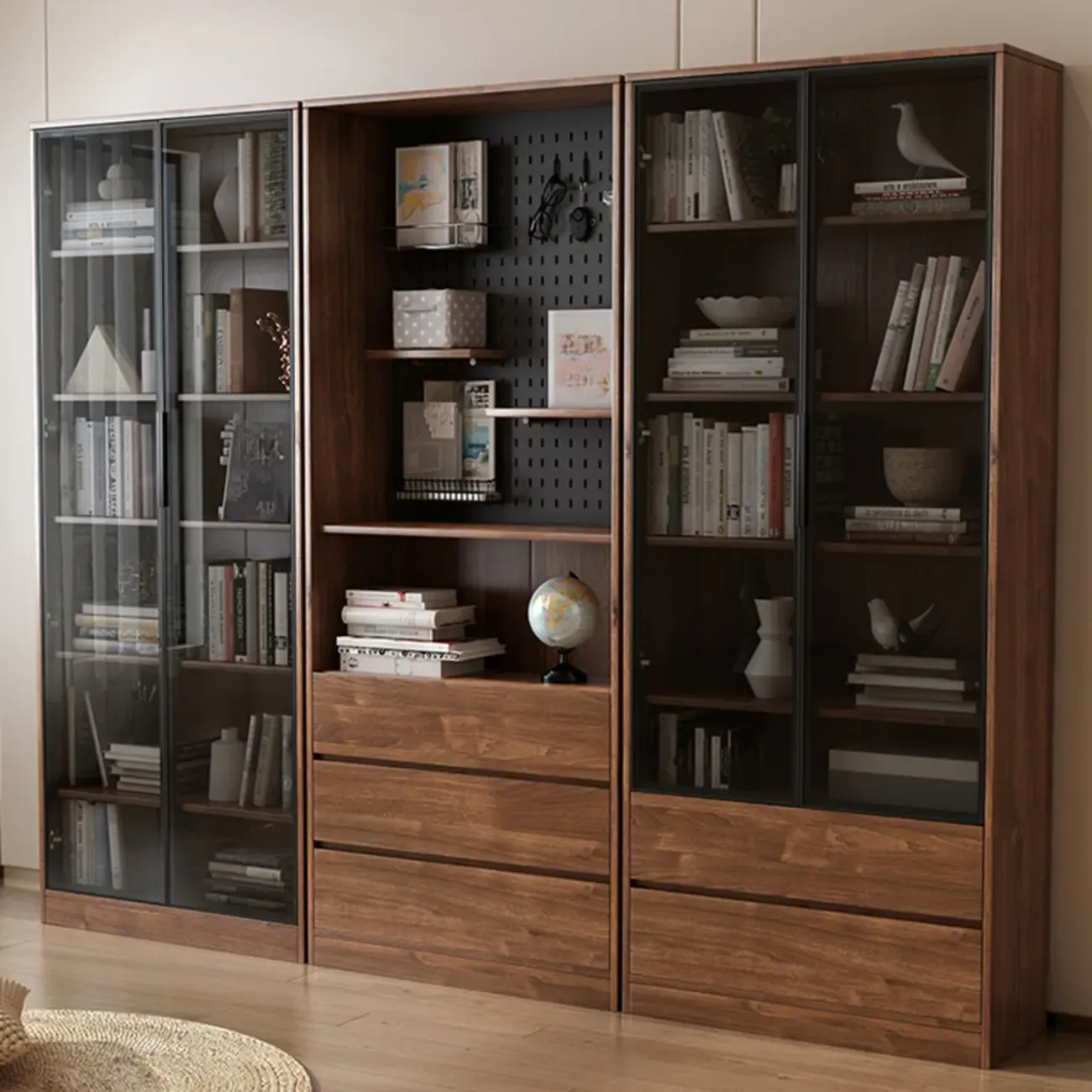 Traditional Brown Pecan Wood Bookcase with Drawers