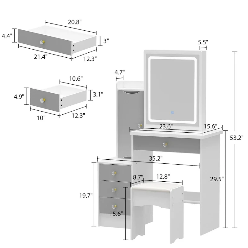 Makeup Vanity Set with Sliding Lighted Mirror & Stool - Hidden Shelves - 33L x 15.7W x 52.4H