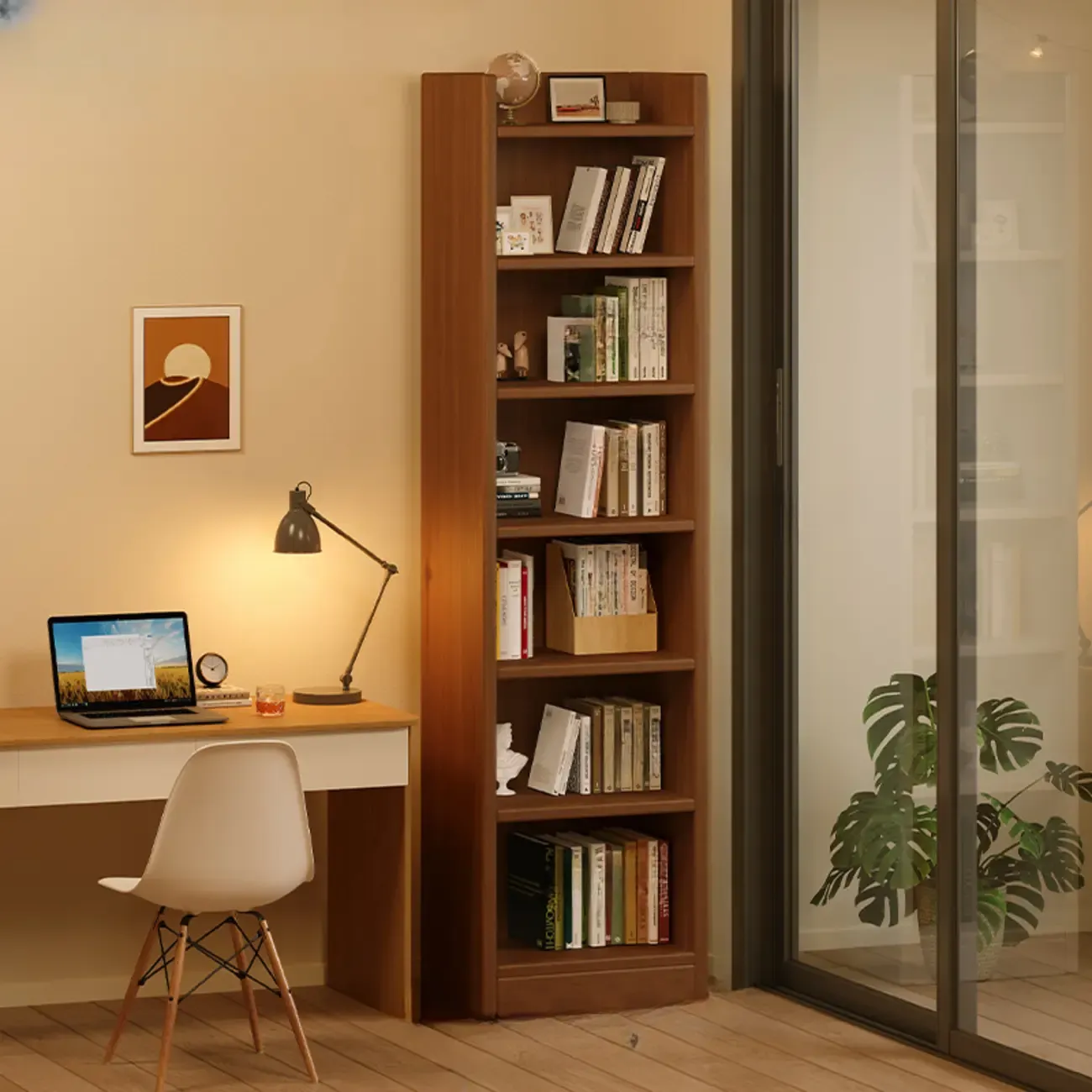 Rectangular Classic Nut-Brown Premium Wood 7-Shelf Bookcase