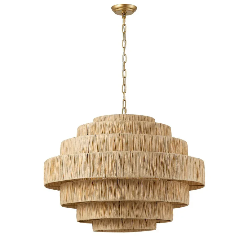 Farmhouse Gold Multi Tiers 5-Light Kitchen Island Pendant Light with Paper Woven Shade