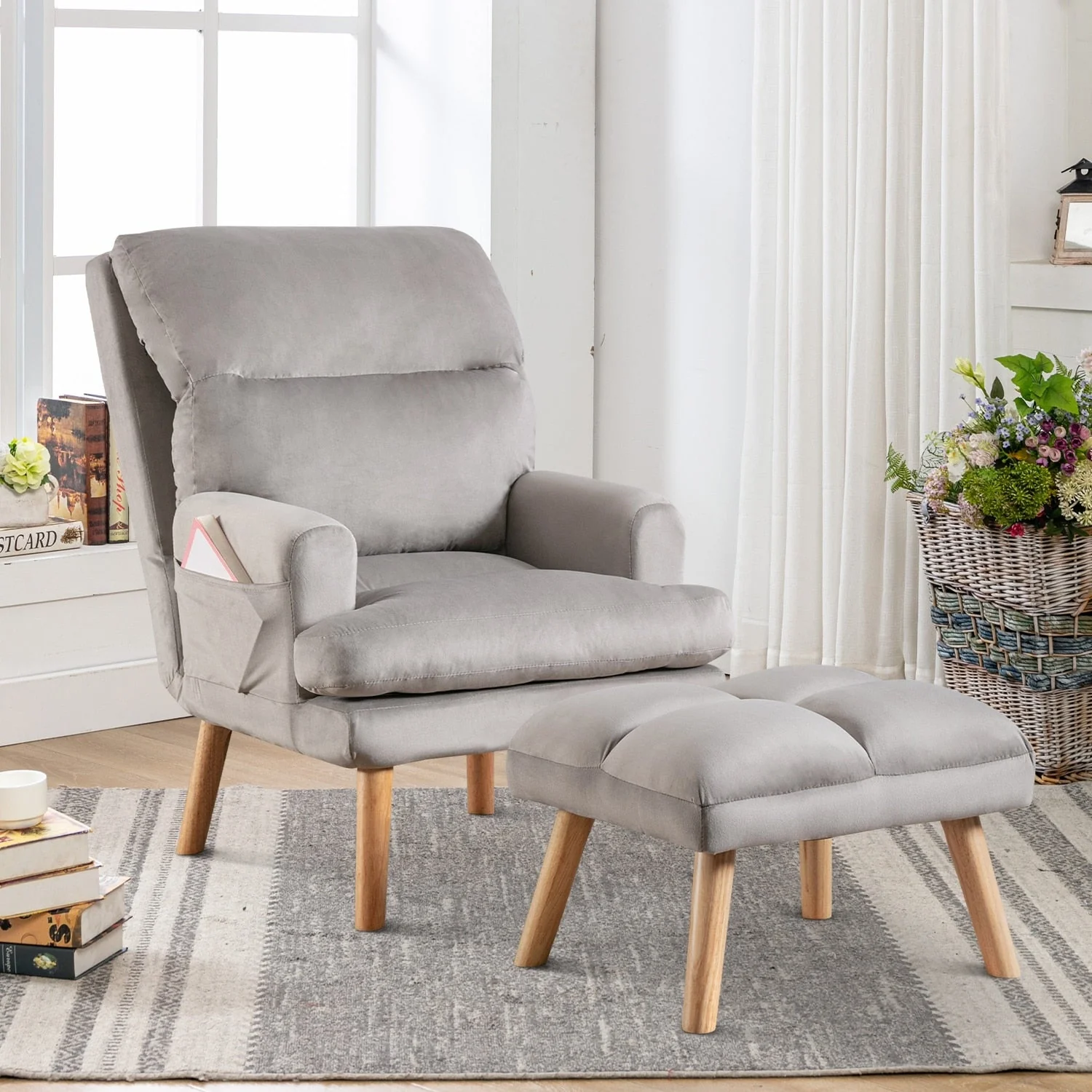 Soft Fabric Casual Living Room Armchair With Adjustable Backrest And Legs Stool