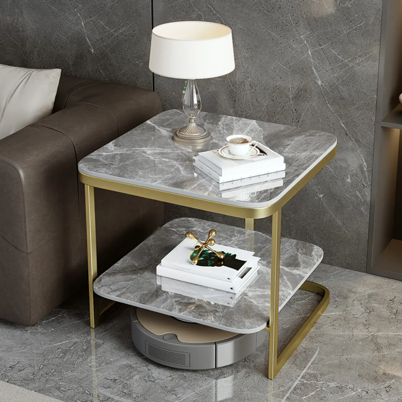 2-Tier C-Shaped Side Table with Shelf