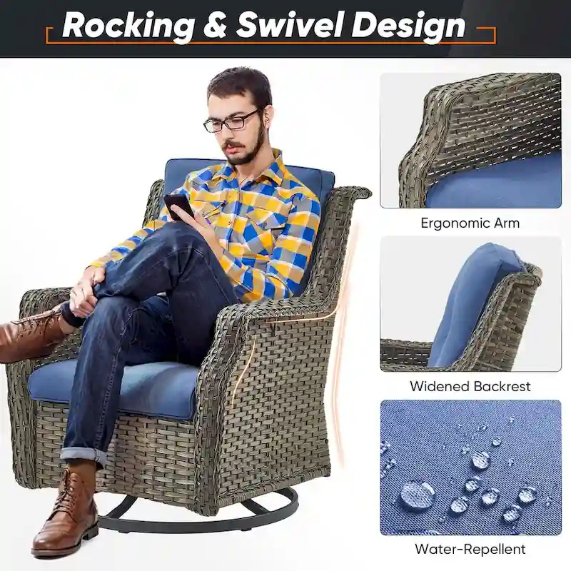 4 Piece Patio Chairs with Ottoman, Swivel Rocking Chairs - Grey