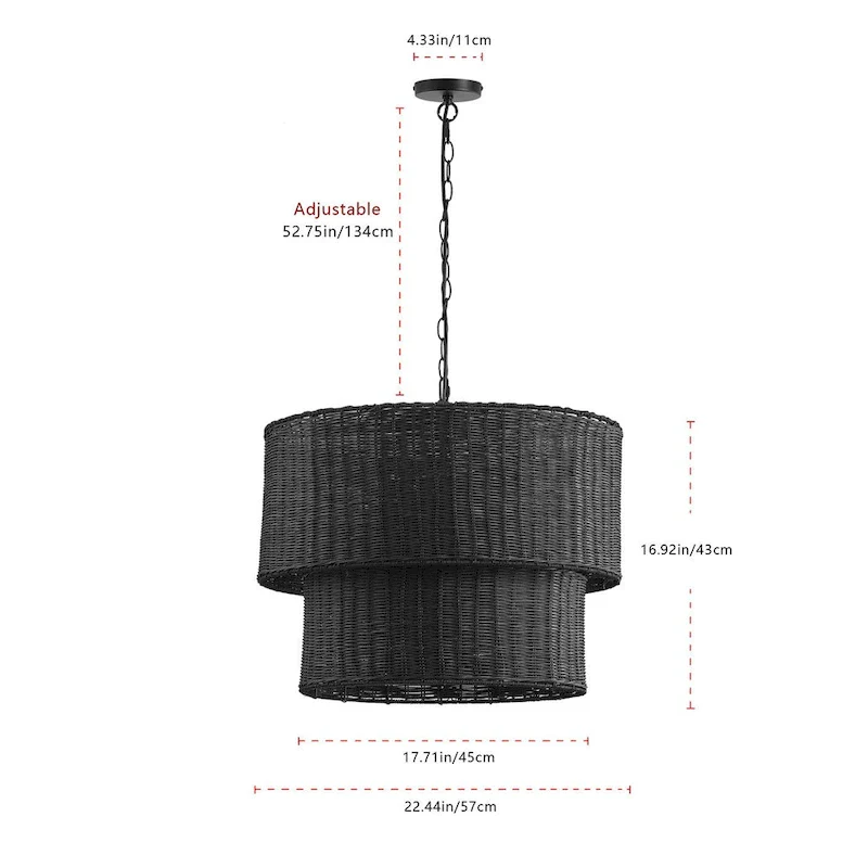 Farmhouse Matte Black Hand-Woven Rattan Craft Pendant Light
