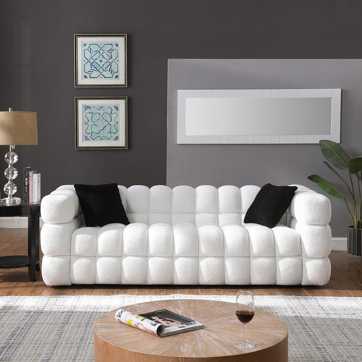 84.3 Luxurious Large Boucle Sofa 3 Seater Marshmallow Upholstered Sofa with 2pc Square Accent Pillows and Square Arm